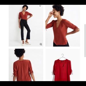 Madewell Silk Cinch-Sleeve Top in Rusted Red